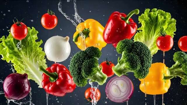 Assorted vegetables with water droplets floating on a dark background 4k video