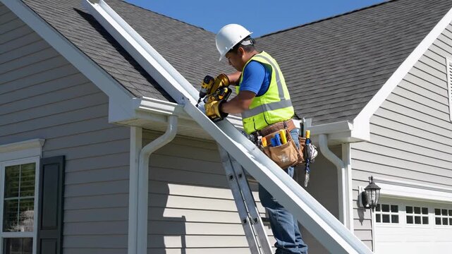construction worker on ladder installing gutter along beige siding of suburban house, wearing helmet and high visibility vest, using cordless drill and measuring rod, tool belt loaded with tools,