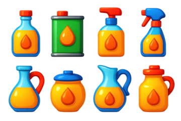 Set of eight cartoonish bottles of various sizes and shapes