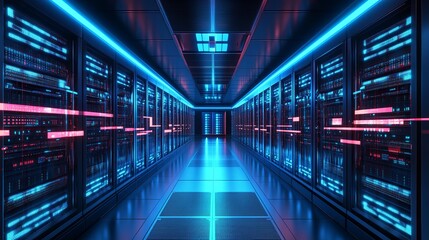 Cutting-edge data center with glowing servers providing powerful computing solutions for modern businesses worldwide and global network infrastructure
