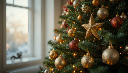 Close up of a glittering gold star and shiny ornaments decorating a lush green christmas tree indoors near a window
