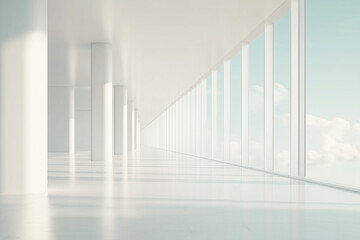 Futuristic white corridor with panoramic windows, Cloudy Dancer color trend