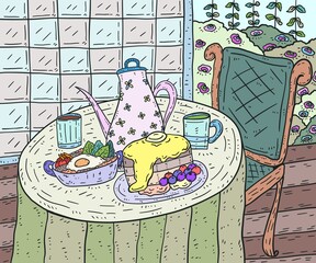 Breakfast table doodle color illustration