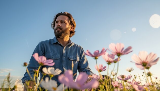 Thoughtful bearded man in a blue shirt sits among pink cosmos flowers in a field, looking into the distance with a serene expression during a beautiful golden hour sunset
