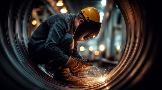 Industrial worker welding metal pipe in factory