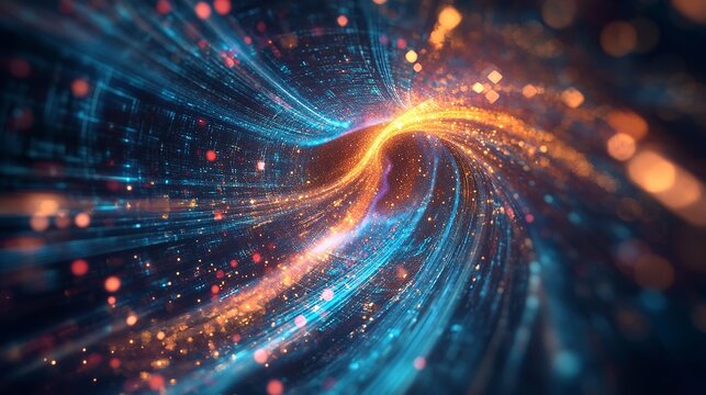 Dive into the digital vortex with glowing blue and orange light streams, a modern abstract design that evokes speed, innovation, and futuristic technology - Powered by Adobe