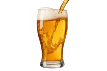 Beer pouring into a glass, creating foam and bubbles, refreshing golden lager drink with transparent background