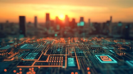 Explore the future with this powerful digital circuit board design set against a vibrant city sunset, perfect for technology and innovation projects