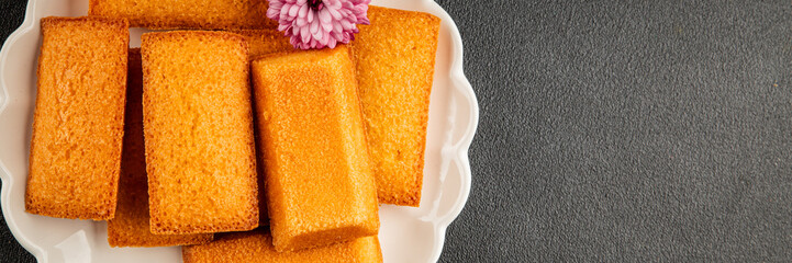 Financier biscuit cookie sweet dessert appetizer fresh tasty gourmet food table setting rustic food top view copy space