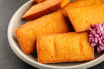 Financier biscuit cookie sweet dessert appetizer fresh tasty gourmet food table setting rustic food top view copy space