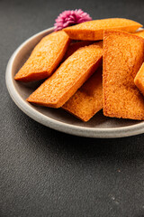 Financier biscuit cookie sweet dessert appetizer fresh tasty gourmet food table setting rustic food top view copy space