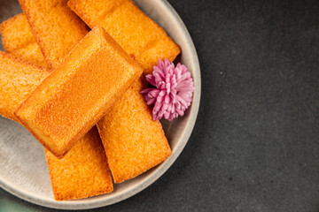 Financier biscuit cookie sweet dessert appetizer fresh tasty gourmet food table setting rustic food top view copy space