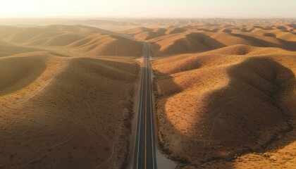 Empty two-lane asphalt highway stretches through a vast arid landscape of rolling golden hills during a hazy sunset, captured from a high aerial perspective