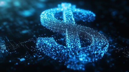Futuristic dollar sign glowing with vibrant blue digital particles on a dark tech background symbolizing finance technology and modern digital economy