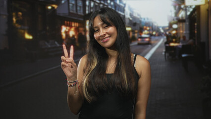Hispanic young brunette woman holds up two fingers in peace sign on street with blurred cars and sidewalk cafes; joy.