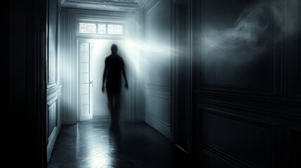 Ghost entering house through doorway with light and smoke