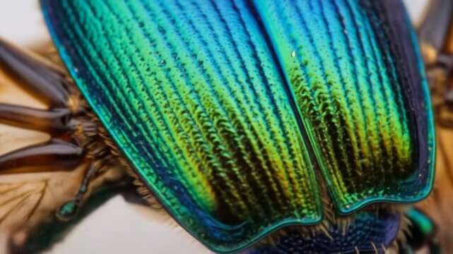 Close-up iridescent Jewel Beetle elytra displays vibrant blue, green, and gold patterns, creating