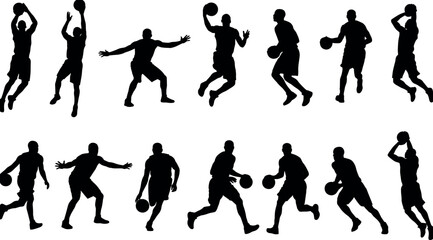 Basketball silhouette, player motion, jump shot, dribble, pass, black vector, sports posture, athletic pose - flavector