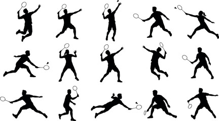Badminton silhouette collection, dynamic poses, racket action, shuttlecock motion, black illustration, sports movement, training form – flavector