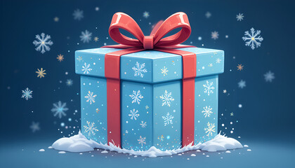 Bright blue holiday gift box wrapped with a red ribbon sits in a snowy scene with falling snowflakes