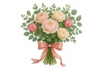 Floral bouquet displaying delicate pink and yellow roses with tulips and green eucalyptus, tied with a peach ribbon, on transparent background