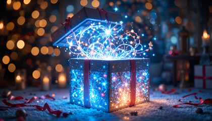 Magical glowing gift box opening with bright blue and orange light trails on a snowy Christmas holiday scene