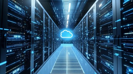 Explore cutting-edge cloud computing with modern server room showcasing data storage and network solutions for digital transformation and innovation