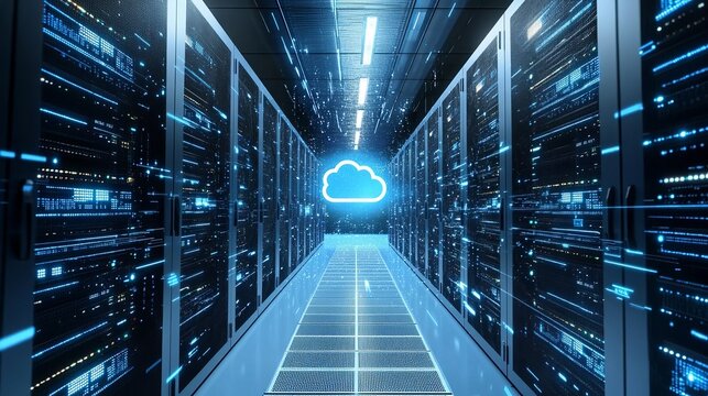 Explore cutting-edge cloud computing with modern server room showcasing data storage and network solutions for digital transformation and innovation - Powered by Adobe