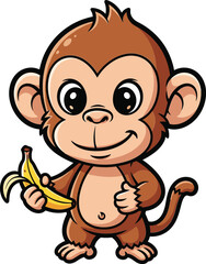 Adorable cartoon monkey holding a peeled banana with big eyes
