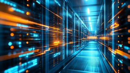 Modern data center visualization with glowing server racks and vibrant network traffic for cutting edge technology and innovative solutions