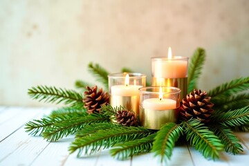 Three candles are lit on a pine branch