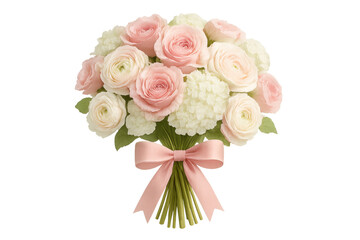 Obraz premium Bouquet of soft pink roses, cream ranunculus, and white hydrangea flowers tied with a pink ribbon for romance and special occasions, transparent background