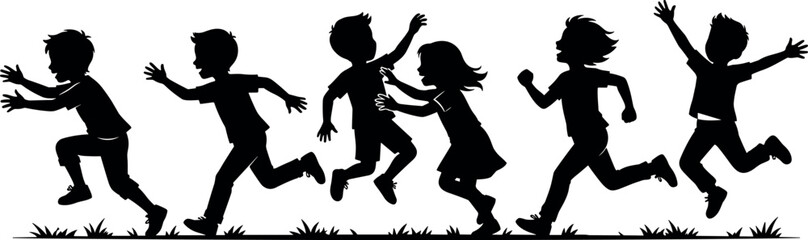 Children running silhouette, outdoor play, grassy field, joy, movement, black illustration, youth activity, dynamic pose – flavector