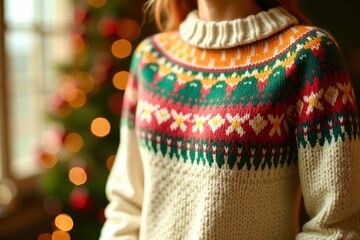 A woman is wearing a sweater with a Christmas tree pattern on it