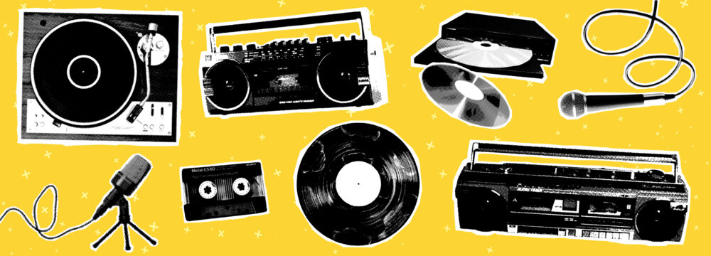 A collection of halftone elements: a microphone, vinyl record player, DVD player, tape deck, and cassette tape. Modern vector illustration in a retro grunge style with a dotted texture. Dotted photoco