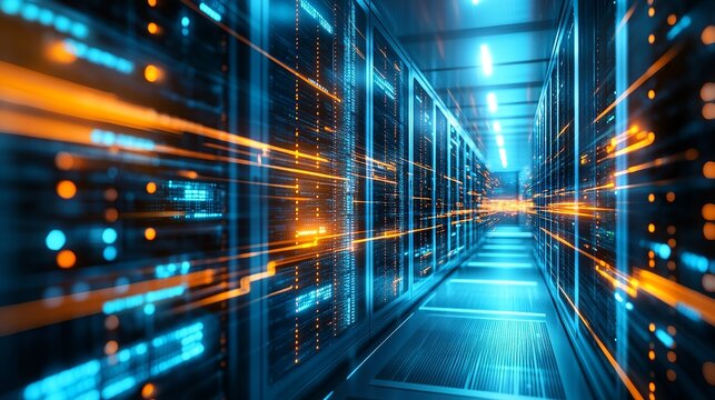 Modern data center visualization with glowing server racks and vibrant network traffic for cutting edge technology and innovative solutions