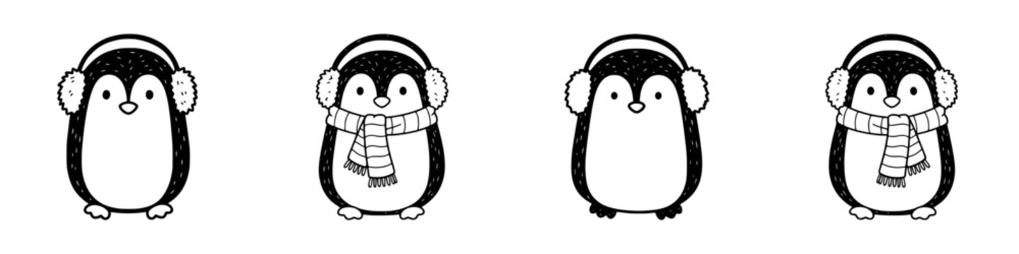 Penguins wearing earmuffs and scarves, seamless border, monochrome isolated vector image on a transparent background, pencil drawing
