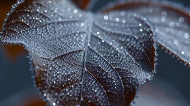 Close-up view of a leaf with water droplets, showcasing its delicate texture and intricate details