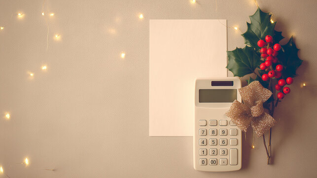 Calculator, blank paper, and festive holly with berries on a light background with bokeh. Holiday finance, budgeting, and seasonal planning concept.