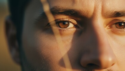 Man's detailed brown eye and face illuminated by warm golden sunlight, creating dramatic shadows and highlighting intricate skin texture in a pensive, moody macro photograph