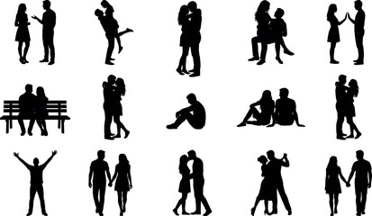 Couple and solo silhouette collection, emotional poses, affection, companionship, black illustration, love, connection, expression – flavector
