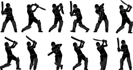 Cricket batsman silhouette poses with helmet and gear in dynamic batting action sequence – flavector