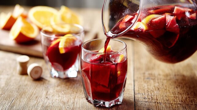 Bartender pouring refreshing red wine sangria from pitcher into glass