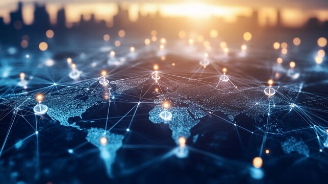 Modern global network connecting continents for business expansion, vibrant data streams, and worldwide partnerships with digital connectivity