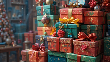Vibrant stack of beautifully wrapped holiday gift boxes adorned with festive ribbons and ornaments creates a magical scene
