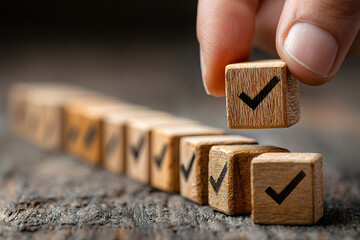 Checklist and task progress tracking concept. A hand placing the final checkmark on wooden blocks in a progress bar, task completion, productivity, goal setting, and efficient project management.