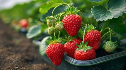 Fresh strawberries ripening in greenhouse garden