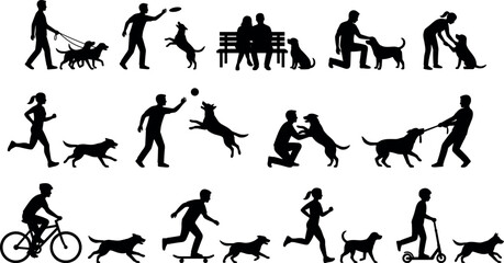 Dog walking, playing, running, bonding, silhouette, pet activity, outdoor fun, companionship, motion, black vector - flavector