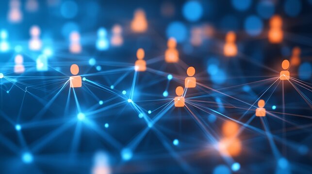 Dynamic network connecting people for business collaboration and global communication featuring vibrant blue and orange hues in a modern design