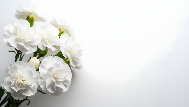 Delicate white carnation flowers arranged on a clean white background